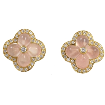 18K Yellow Gold Rose Quartz & Diamond Flower Earrings